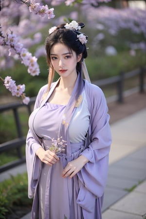 fenmo, fense, 1girl, black hair, flower, hair ornament, realistic, holding, hair flower, blurry, holding flower, chinese clothes, looking at viewer, (light purple hanfu:1.39), black eyes, basket, blurry background,hanfu,cho girl,(big breasts:1.66)