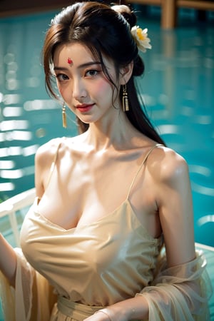 (((masterpiece))), (((best quality))), (((half body photo))), (((tangfengspabelle))),((partially submerged)), solo, 1girl, ((light yellow collarbone see through hanfu:1.2)), hairclip, big tits, smile, (big breasts:1.39)