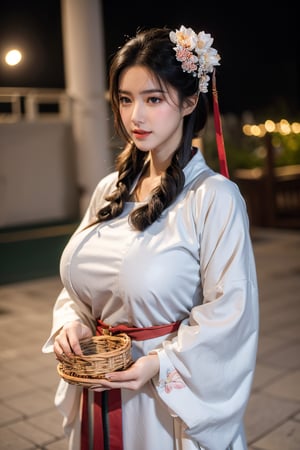  (masterpiece, best quality:1.3), 1girl, black hair, flower, hair ornament, realistic, holding, hair flower, blurry, holding flower, chinese clothes, looking at viewer, hanfu, black eyes, basket, blurry background,(red hanfu:1.29),(big breasts:1.63),(full moon:1.23)