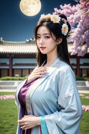  (masterpiece, best quality:1.3), 1girl, black hair, flower, hair ornament, realistic, holding, hair flower, blurry, holding flower, chinese clothes, looking at viewer, hanfu, black eyes, basket, blurry background,hanfu,cho girl,(big breasts:1.57),(full moon:1.23)