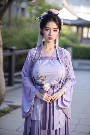 fenmo, fense, 1girl, black hair, flower, hair ornament, realistic, holding, hair flower, blurry, holding flower, chinese clothes, looking at viewer, (light purple hanfu:1.39), black eyes, basket, blurry background,hanfu,cho girl,(big breasts:1.53)