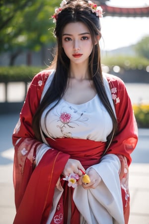 fenmo, fense, 1girl, black hair, flower, hair ornament, realistic, holding, hair flower, blurry, holding flower, chinese clothes, looking at viewer, hanfu, black eyes, basket, blurry background,hanfu,cho girl,(big breasts:1.5),gufeng,embroidered flower patterns