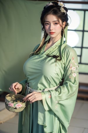  (masterpiece, best quality:1.3), 1girl, black hair, flower, hair ornament, realistic, holding, hair flower, blurry, holding flower, chinese clothes, looking at viewer, green hanfu, black eyes, basket, blurry background,(green hanfu:1.53),(big breasts:1.63),(full moon:1.29)