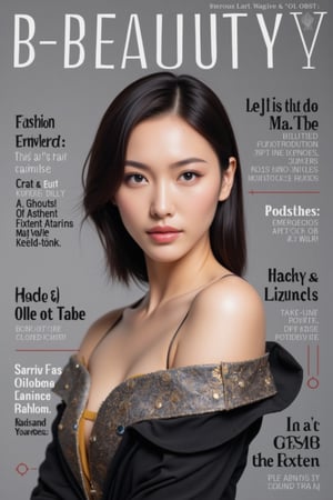 A high-fashion magazine cover featuring a close-up, upper-body shot of a beautiful Japanese female model with an enhanced bust size, confidently posing with elegance. Her sharp yet graceful facial features are highlighted, and she wears a stylish, modern outfit that accentuates her figure while maintaining a sophisticated and polished look. The background is a neutral gray with professional, magazine-quality lighting that enhances her photorealistic skin texture.

Across the cover, bold and stylish magazine text is displayed, including the title in elegant font: **"FuturEvoLab Beauty"** at the top. Other headlines include:
- **"Fashion Forward: The Future of Elegance"**
- **"Secrets to Confidence and Style"**
- **"Model of the Year: Embracing Allure and Power"**

The overall composition combines high-end fashion photography with captivating headlines that frame the model’s pose, drawing attention to her beauty and presence. The cover reflects sophistication, confidence, and modern fashion, with the FuturEvoLabBeautify aesthetic enhancing the visual impact.,Xxyjy