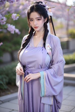 fenmo, fense, 1girl, black hair, flower, hair ornament, realistic, holding, hair flower, blurry, holding flower, chinese clothes, looking at viewer, (light purple hanfu:1.39), black eyes, basket, blurry background,hanfu,cho girl,(big breasts:1.66)