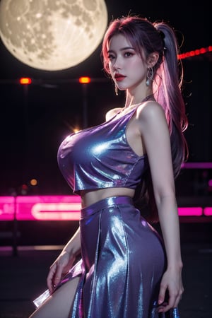 (masterpiece, best quality:1.3),Nights,(Cyberpunk:1.3), (neon lights:1.4), glowing earrings, realistic, pub,1girl, solo, looking at viewer, (Holographic light purple dress:1.29),realistic, midriff, bare shoulders, standting, hair ornament, pink hair, jewelry, Pleated Skirt, purple long skirt, cowboy shot,Xyunxiao, ,(huge breasts:1.5),(full moon:1.29)