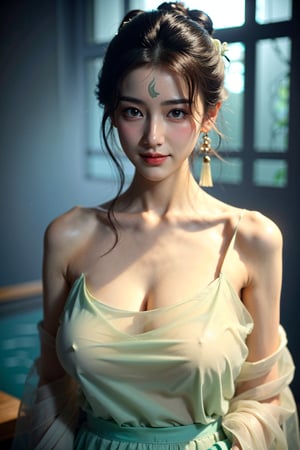 (((masterpiece))), (((best quality))), (((half body photo))), (((tangfengspabelle))),((partially submerged)), solo, 1girl, ((light green collarbone see through hanfu:1.2)), hairclip, big tits, smile, (big breasts:1.39)