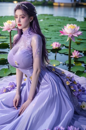 masterpiece,1girl,(mature female:0.5),tall body,full  body,golden proportions,(Kpop idol),(shiny skin:1.2),(oil skin:1.1),makeup,(close up),depth of field,(closed mouth:0.5),((long wavy purple hair)),(puffy eyes),(eyelashes:1.1),(parted lips:1.1),red lipstick,fantasy art style,dreamy light,(high neck light purple wedding dress:1.59),(light purple long wedding dress:1.39),(Holographic colorful:1.52),(Holographic,lace:1.49),perfect body,(dreamy veil:1.3),(dusk:1.2),(princess shoes:1.1),(diamond necklace),(crystal hairpin),tyndall effect,highres,(Sitting on the grass by the river:1.56), (lotus pond full of lotus flowers:1.69), (big breasts:2.09),(Flowers:1.69)