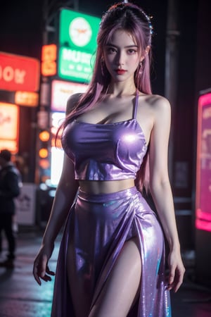 (masterpiece, best quality:1.3),Nights,(Cyberpunk:1.3), (neon lights:1.4), glowing earrings, realistic, pub,1girl, solo, looking at viewer, (Holographic color Dress:1.23),(light purple dress:1.29),Cyberpunk,realistic, midriff, bare shoulders, standting, hair ornament, pink hair, jewelry, Pleated Skirt, purple long skirt, cowboy shot,Xyunxiao, ,(big breasts:1.69),(full breasts:1.52)