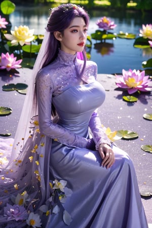 masterpiece,1girl,(mature female:0.5),tall body,full  body,golden proportions,(Kpop idol),(shiny skin:1.2),(oil skin:1.1),makeup,(close up),depth of field,(closed mouth:0.5),((long wavy purple hair)),(puffy eyes),(eyelashes:1.1),(parted lips:1.1),red lipstick,fantasy art style,dreamy light,(high neck light purple wedding dress:1.69),(light purple wedding dress:1.59),(Holographic colorful:1.52),(Holographic,lace:1.49),perfect body,(dreamy veil:1.3),(dusk:1.2),(princess shoes:1.1),(diamond necklace),(crystal hairpin),tyndall effect,highres,(Sitting on the grass by the river:1.56), (lotus pond full of lotus flowers:1.69), (huge breasts:1.69),(Flowers:1.69)