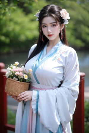 fenmo, fense, 1girl, black hair, flower, hair ornament, realistic, holding, hair flower, blurry, holding flower, chinese clothes, looking at viewer, hanfu, black eyes, basket, blurry background,hanfu,cho girl,(big breasts:1.5),gufeng,embroidered flower patterns