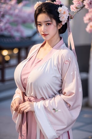  (masterpiece, best quality:1.3), 1girl, black hair, flower, hair ornament, realistic, holding, hair flower, blurry, holding flower, chinese clothes, looking at viewer, hanfu, black eyes, basket, blurry background,(pink-white hanfu:1.29),(big breasts:1.66),(full moon:1.23)