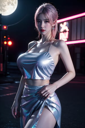 (masterpiece, best quality:1.3),Nights,(Cyberpunk:1.3), (neon lights:1.4), glowing earrings, realistic, pub,1girl, solo, looking at viewer, (Holographic light blue dress:1.29),realistic, midriff, bare shoulders, standting, hair ornament, pink hair, jewelry, Pleated Skirt, purple long skirt, cowboy shot,Xyunxiao, ,(huge breasts:1.5),(full moon:1.39)