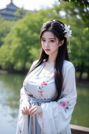 fenmo, fense, 1girl, black hair, flower, hair ornament, realistic, holding, hair flower, blurry, holding flower, chinese clothes, looking at viewer, hanfu, black eyes, basket, blurry background,hanfu,cho girl,(big breasts:1.5),gufeng,embroidered flower patterns