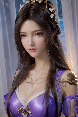 best quality,masterpiece,realistic,ultra-fine painting,extreme detail description,Professional,Vivid Colors,extremely detailed CG unity 8k wallpaper,an extremely delicate and beautiful,official art,sweet and delicate girl,delicate facial features,(perfect bright figure:1.1),surrounded,Bright,romantic long hair,natural light,warm and sweet,a girl,upper body,,black long hair,purple eyes,purple skirt,veil,Xziling,xxmixgirl,,(big breasts:1.29),More Reasonable Details