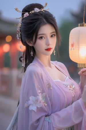  (masterpiece, best quality:1.2),1girl, navel, solo, midriff, bare shoulders, lantern, hair ornament, flower, hair flower, paper lantern, black hair, red lips, looking at viewer, chinese clothes, (light purple-green-blue dress:1.23), purple eyes,blurry, solo focus, long hair, lips, night, lipstick, outdoors, upper body, blurry,(huge breasts:2.39),(full breasts:1.99) ,background, solo, makeup, hair bun,Xyunluo,Xningyudie
