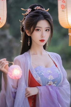  (masterpiece, best quality:1.2),1girl, navel, solo, midriff, bare shoulders, lantern, hair ornament, flower, hair flower, paper lantern, black hair, red lips, looking at viewer, chinese clothes, (light purple-green-blue dress:1.23), purple eyes,blurry, solo focus, long hair, lips, night, lipstick, outdoors, upper body, blurry,(huge breasts:2.39),(full breasts:1.99) ,background, solo, makeup, hair bun,Xyunluo,Xningyudie