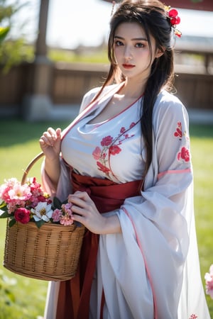 fenmo, fense, 1girl, black hair, flower, hair ornament, realistic, holding, hair flower, blurry, holding flower, chinese clothes, looking at viewer, hanfu, black eyes, basket, blurry background,hanfu,cho girl,(big breasts:1.5),gufeng,embroidered flower patterns