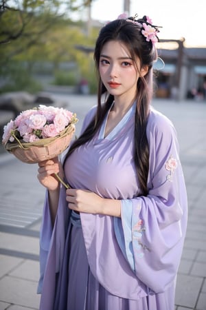 fenmo, fense, 1girl, black hair, flower, hair ornament, realistic, holding, hair flower, blurry, holding flower, chinese clothes, looking at viewer, (light purple-pink hanfu:1.39), black eyes, basket, blurry background,hanfu,cho girl,(big breasts:1.66)