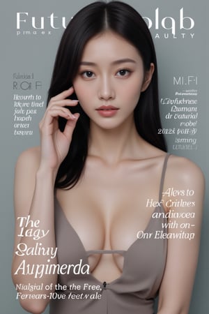 A high-fashion magazine cover featuring a close-up, upper-body shot of a beautiful Japanese female model with an enhanced bust size, confidently posing with elegance. Her sharp yet graceful facial features are highlighted, and she wears a stylish, modern outfit that accentuates her figure while maintaining a sophisticated and polished look. The background is a neutral gray with professional, magazine-quality lighting that enhances her photorealistic skin texture.

Across the cover, bold and stylish magazine text is displayed, including the title in elegant font: **"FuturEvoLab Beauty"** at the top. Other headlines include:
- **"Fashion Forward: The Future of Elegance"**
- **"Secrets to Confidence and Style"**
- **"Model of the Year: Embracing Allure and Power"**

The overall composition combines high-end fashion photography with captivating headlines that frame the model’s pose, drawing attention to her beauty and presence. The cover reflects sophistication, confidence, and modern fashion, with the FuturEvoLabBeautify aesthetic enhancing the visual impact.,Xxyjy