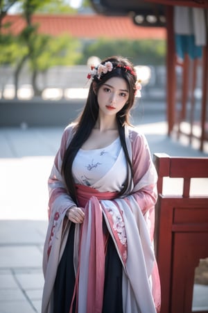 fenmo, fense, 1girl, black hair, flower, hair ornament, realistic, holding, hair flower, blurry, holding flower, chinese clothes, looking at viewer, hanfu, black eyes, basket, blurry background,hanfu,cho girl,(big breasts:1.56),gufeng,embroidered flower patterns