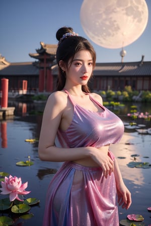  (masterpiece, best quality:1.2),1girl, navel, solo, midriff, bare shoulders, lantern, hair ornament, flower, hair flower, paper lantern, black hair, red lips,BREAK, (looking at viewer:1.23), chinese clothes,(Holographic red-pink dress:1.36), (Rainbow Gradient Color:1.29),BREAK,purple eyes,blurry, solo focus, long hair, lips, daytime, lipstick, outdoors, upper body, blurry,(huge breasts:1.48), background, solo, makeup, hair bun,Xyunxiao,(Peony,Blue sky,moon:1.39),(Lotus pond, ancient Chinese architecture:1.39)