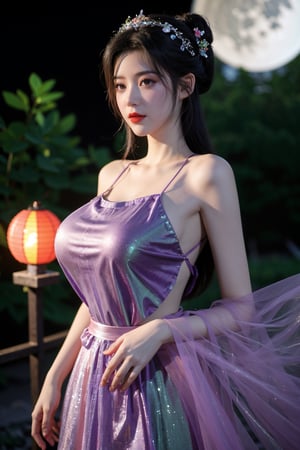   (masterpiece, best quality:1.2),1girl, navel, solo, midriff, bare shoulders, lantern, hair ornament, flower, hair flower, paper lantern, black hair, red lips, looking at viewer, chinese clothes, (Holographic color dress:1.29), (light pink|purple|green dress:1.36),BREAK,purple eyes,blurry, solo focus, long hair, lips, night, lipstick, outdoors, upper body, blurry,(huge breasts:1.46), background, solo, makeup, hair bun,Xyunxiao,(full moon:1.39)