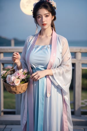  (masterpiece, best quality:1.3), 1girl, black hair, flower, hair ornament, realistic, holding, hair flower, blurry, holding flower, chinese clothes, looking at viewer, hanfu, black eyes, basket, blurry background,(white hanfu:1.29),(big breasts:1.59),(full moon:1.23)