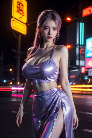 (masterpiece, best quality:1.3),Nights,(Cyberpunk:1.3), (neon lights:1.4), glowing earrings, realistic, pub,1girl, solo, looking at viewer, (Holographic color Dress:1.23),(light purple dress:1.29),Cyberpunk,realistic, midriff, bare shoulders, standting, hair ornament, pink hair, jewelry, Pleated Skirt, purple long skirt, cowboy shot,Xyunxiao, ,(big breasts:1.69),(full breasts:1.52)