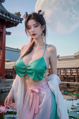  (masterpiece, best quality:1.2),1girl, navel, solo, midriff, bare shoulders, lantern, hair ornament, flower, hair flower,(long hair:1.23) paper lantern, black hair, red lips,BREAK, (looking at viewer:1.23), chinese clothes,(Holographic pink-green-white dress:1.36), (Rainbow Gradient Color:1.29),BREAK,purple eyes,blurry, solo focus, long hair, lips, daytime, lipstick, outdoors, upper body, blurry,(huge breasts:1.48), background, solo, makeup, hair bun,Xyunxiao,(Peony,Blue sky,moon:1.39),(Lotus pond, ancient Chinese architecture:1.39)