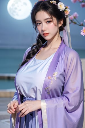  (masterpiece, best quality:1.3), 1girl, black hair, flower, hair ornament, realistic, holding, hair flower, blurry, holding flower, chinese clothes, looking at viewer, hanfu, black eyes, basket, blurry background,(light purple hanfu:1.29),(big breasts:1.56),(full moon:1.23)