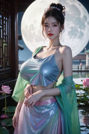  (masterpiece, best quality:1.2),1girl, navel, solo, midriff, bare shoulders, lantern, hair ornament, flower, hair flower, paper lantern, black hair, red lips,BREAK, (looking at viewer:1.23), chinese clothes,(Holographic pink-green-white dress:1.36), (Rainbow Gradient Color:1.29),BREAK,purple eyes,blurry, solo focus, long hair, lips, daytime, lipstick, outdoors, upper body, blurry,(huge breasts:1.48), background, solo, makeup, hair bun,Xyunxiao,(Peony,Blue sky,moon:1.39),(Lotus pond, ancient Chinese architecture:1.29)