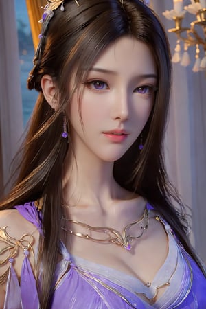 best quality,masterpiece,realistic,ultra-fine painting,extreme detail description,Professional,Vivid Colors,extremely detailed CG unity 8k wallpaper,an extremely delicate and beautiful,official art,sweet and delicate girl,delicate facial features,(perfect bright figure:1.1),surrounded,Bright,romantic long hair,natural light,warm and sweet,a girl,upper body,,black long hair,purple eyes,purple skirt,veil,Xziling,xxmixgirl,,(big breasts:1.29),More Reasonable Details