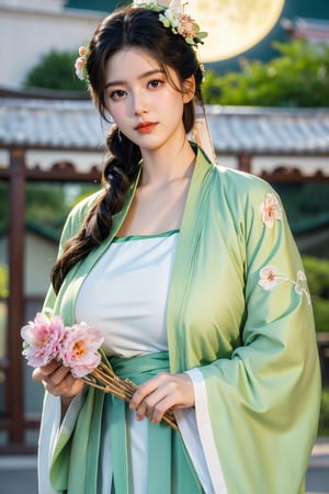  (masterpiece, best quality:1.3), 1girl, black hair, flower, hair ornament, realistic, holding, hair flower, blurry, holding flower, chinese clothes, looking at viewer, green hanfu, black eyes, basket, blurry background,(light green hanfu:1.36),(big breasts:1.63),(full moon:1.29)