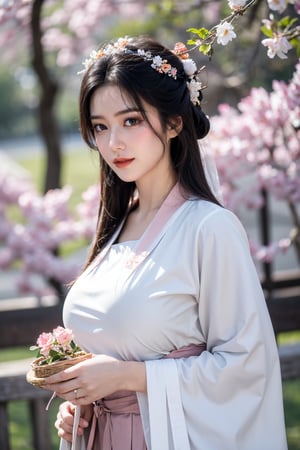 fenmo, fense, 1girl, black hair, flower, hair ornament, realistic, holding, hair flower, blurry, holding flower, chinese clothes, looking at viewer, hanfu, black eyes, basket, blurry background,hanfu,cho girl,(big breasts:1.5)