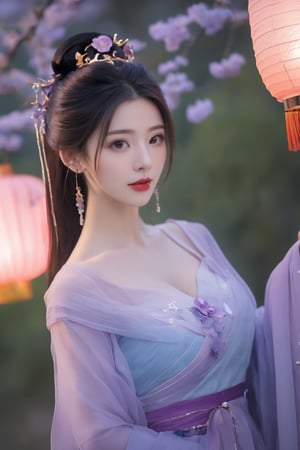  (masterpiece, best quality:1.2),1girl, navel, solo, midriff, bare shoulders, lantern, hair ornament, flower, hair flower, paper lantern, black hair, red lips, looking at viewer, chinese clothes, (light purple-green-blue dress:1.23), purple eyes,blurry, solo focus, long hair, lips, night, lipstick, outdoors, upper body, blurry,(huge breasts:2.34), background, solo, makeup, hair bun,Xyunluo,Xningyudie