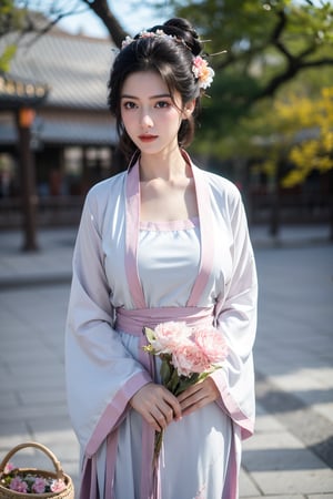 fenmo, fense, 1girl, black hair, flower, hair ornament, realistic, holding, hair flower, blurry, holding flower, chinese clothes, looking at viewer, hanfu, black eyes, basket, blurry background,hanfu,cho girl,(big breasts:1.39)