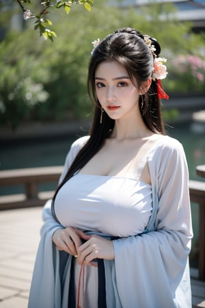 fenmo, fense, 1girl, black hair, flower, hair ornament, realistic, holding, hair flower, blurry, holding flower, chinese clothes, looking at viewer, hanfu, black eyes, basket, blurry background,hanfu,cho girl,(big breasts:1.5),gufeng