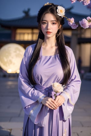  (masterpiece, best quality:1.3), 1girl, black hair, flower, hair ornament, realistic, holding, hair flower, blurry, holding flower, chinese clothes, looking at viewer, hanfu, black eyes, basket, blurry background,(light purple hanfu:1.29),(big breasts:1.56),(full moon:1.23)