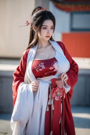 fenmo, fense, 1girl, black hair, flower, hair ornament, realistic, holding, hair flower, blurry, holding flower, chinese clothes, looking at viewer, (red hanfu:1.39), black eyes, basket, blurry background,hanfu,cho girl,(big breasts:1.56),gufeng,embroidered flower patterns