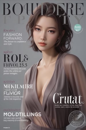 A high-fashion magazine cover featuring a close-up, upper-body shot of a beautiful Japanese female model with an enhanced bust size, confidently posing with elegance. Her sharp yet graceful facial features are highlighted, and she wears a stylish, modern outfit that accentuates her figure while maintaining a sophisticated and polished look. The background is a neutral gray with professional, magazine-quality lighting that enhances her photorealistic skin texture.

Across the cover, bold and stylish magazine text is displayed, including the title in elegant font: **"FuturEvoLab Beauty"** at the top. Other headlines include:
- **"Fashion Forward: The Future of Elegance"**
- **"Secrets to Confidence and Style"**
- **"Model of the Year: Embracing Allure and Power"**

The overall composition combines high-end fashion photography with captivating headlines that frame the model’s pose, drawing attention to her beauty and presence. The cover reflects sophistication, confidence, and modern fashion, with the FuturEvoLabBeautify aesthetic enhancing the visual impact.,Xxyjy,Xyunxiao