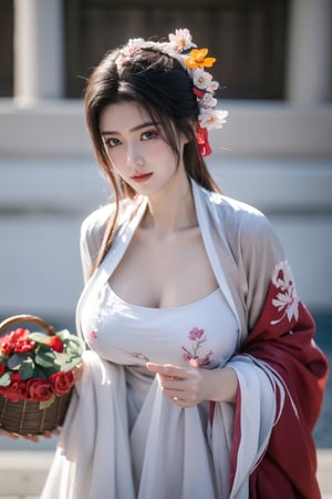 fenmo, fense, 1girl, black hair, flower, hair ornament, realistic, holding, hair flower, blurry, holding flower, chinese clothes, looking at viewer, hanfu, black eyes, basket, blurry background,hanfu,cho girl,(big breasts:1.56),gufeng,embroidered flower patterns