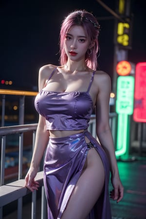 (masterpiece, best quality:1.3),Nights,(Cyberpunk:1.3), (neon lights:1.4), glowing earrings, realistic, pub,1girl, solo, looking at viewer, (Holographic color Dress:1.23),(light purple dress:1.29),Cyberpunk,realistic, midriff, bare shoulders, standting, hair ornament, pink hair, jewelry, Pleated Skirt, purple long skirt, cowboy shot,Xyunxiao, ,(big breasts:1.69),(full breasts:1.52)