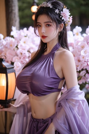  (masterpiece, best quality:1.2),1girl, navel, solo, midriff, bare shoulders, lantern, hair ornament, flower, hair flower, paper lantern, black hair, red lips, looking at viewer, chinese clothes, (light purple-green dress:1.23), purple eyes,blurry, solo focus, long hair, lips, night, lipstick, outdoors, upper body, blurry,(huge breasts:1.46), background, solo, makeup, hair bun,Xyunxiao