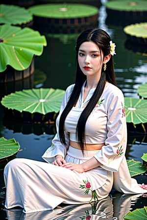 As the sun sets,ripples form on the surface of the lotus pond. The Hanfu maiden sits on a lily pad,her sleeves adorned with delicate pink lotus blossoms. The flowers bloom,their petals unfolding like rosy blush. She gazes quietly at her reflection in the water,a sense of tranquility filling her heart.,hanfu,(big breasts:1.59),embroidered flower patterns
