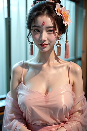 (((masterpiece))), (((best quality))), (((half body photo))), (((tangfengspabelle))), ((forehead floral mark)), ((partially submerged)), solo, 1girl, ((light pink collarbone see through hanfu:1.2)), hairclip, big tits, smile, (big breasts:1.39)