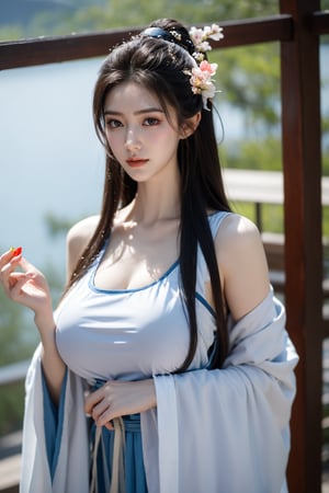 fenmo, fense, 1girl, black hair, flower, hair ornament, realistic, holding, hair flower, blurry, holding flower, chinese clothes, looking at viewer, hanfu, black eyes, basket, blurry background,hanfu,cho girl,(big breasts:1.5),gufeng