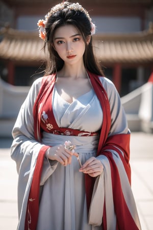 fenmo, fense, 1girl, black hair, flower, hair ornament, realistic, holding, hair flower, blurry, holding flower, chinese clothes, looking at viewer, hanfu, black eyes, basket, blurry background,hanfu,cho girl,(big breasts:1.56),gufeng,embroidered flower patterns