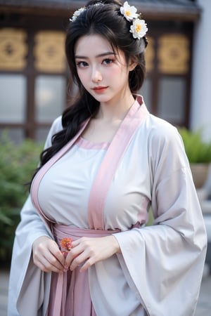 fenmo, fense, 1girl, black hair, flower, hair ornament, realistic, holding, hair flower, blurry, holding flower, chinese clothes, looking at viewer, hanfu, black eyes, basket, blurry background,hanfu,cho girl,(big breasts:1.5)