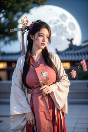  (masterpiece, best quality:1.3), 1girl, black hair, flower, hair ornament, realistic, holding, hair flower, blurry, holding flower, chinese clothes, looking at viewer, hanfu, black eyes, basket, blurry background,(red hanfu:1.5),(big breasts:1.63),(full moon:1.29)